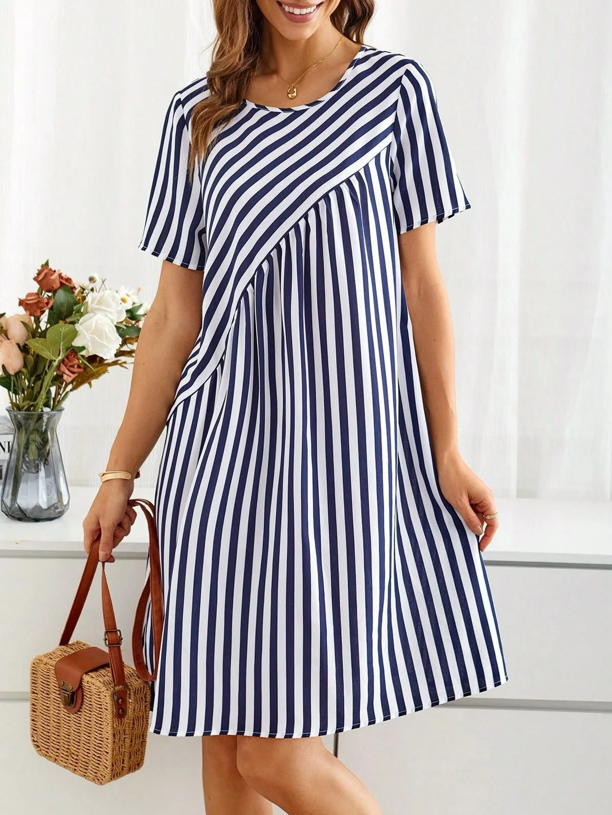 Women Striped Summer Dress Crew Neck Short Sleeve A-Line Dress