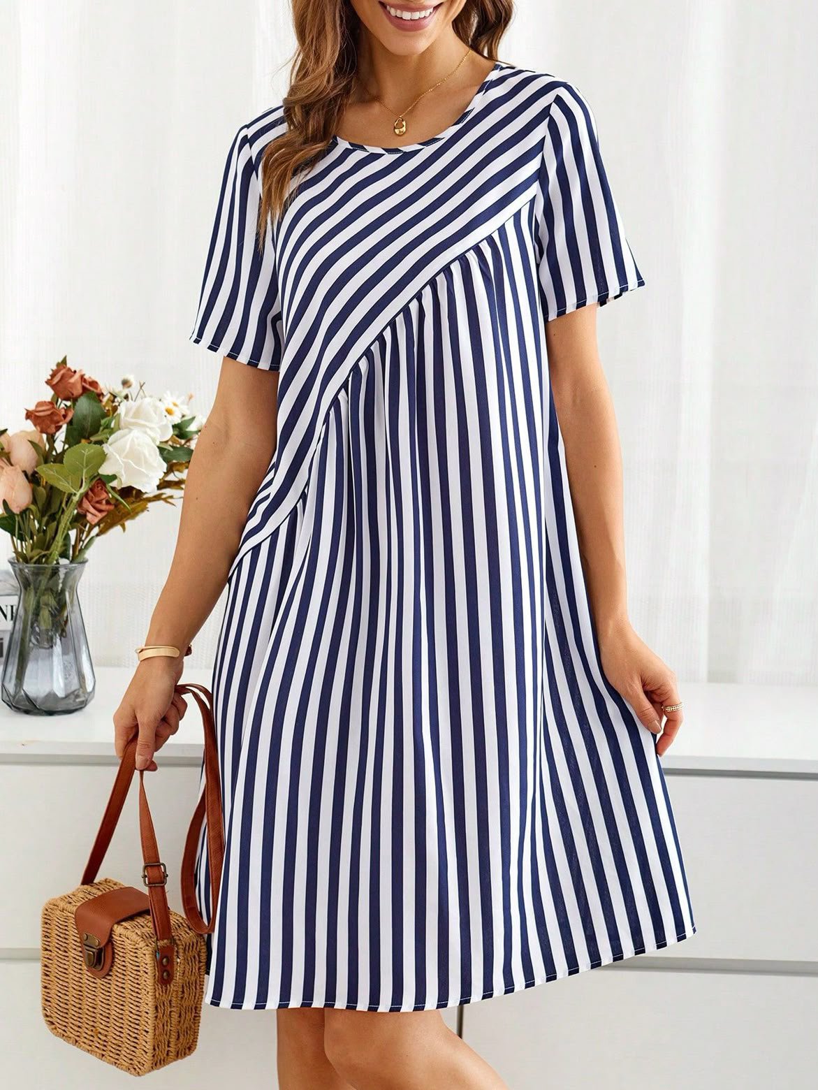Women Striped Summer Dress Crew Neck Short Sleeve A-Line Dress