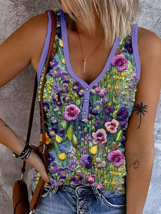 Casual V Neck Floral Tank Top