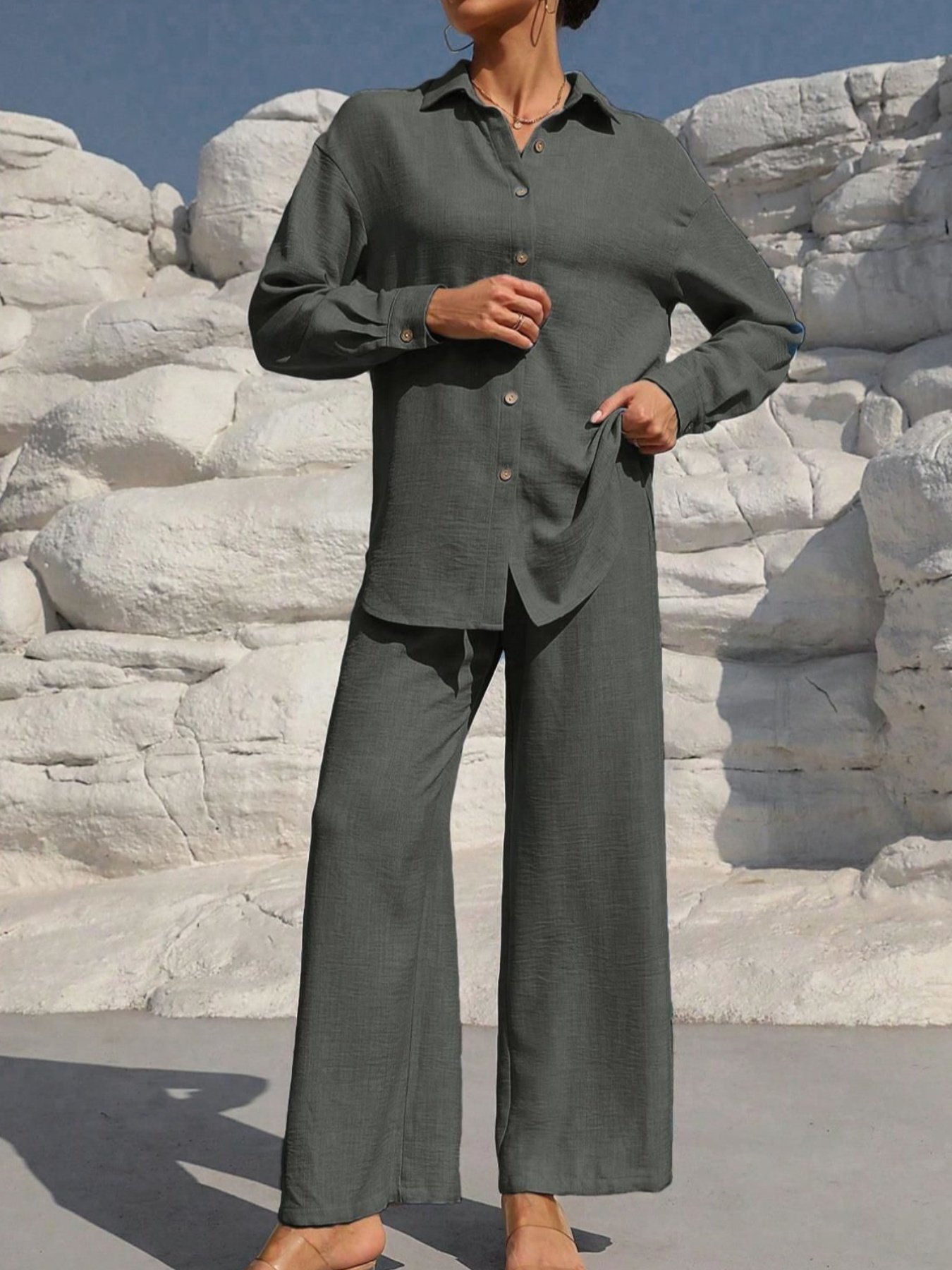 Women Plain Split Joint Two-Piece Set Daily Long Sleeve Casual Spring/Fall Top With Pants Matching Set