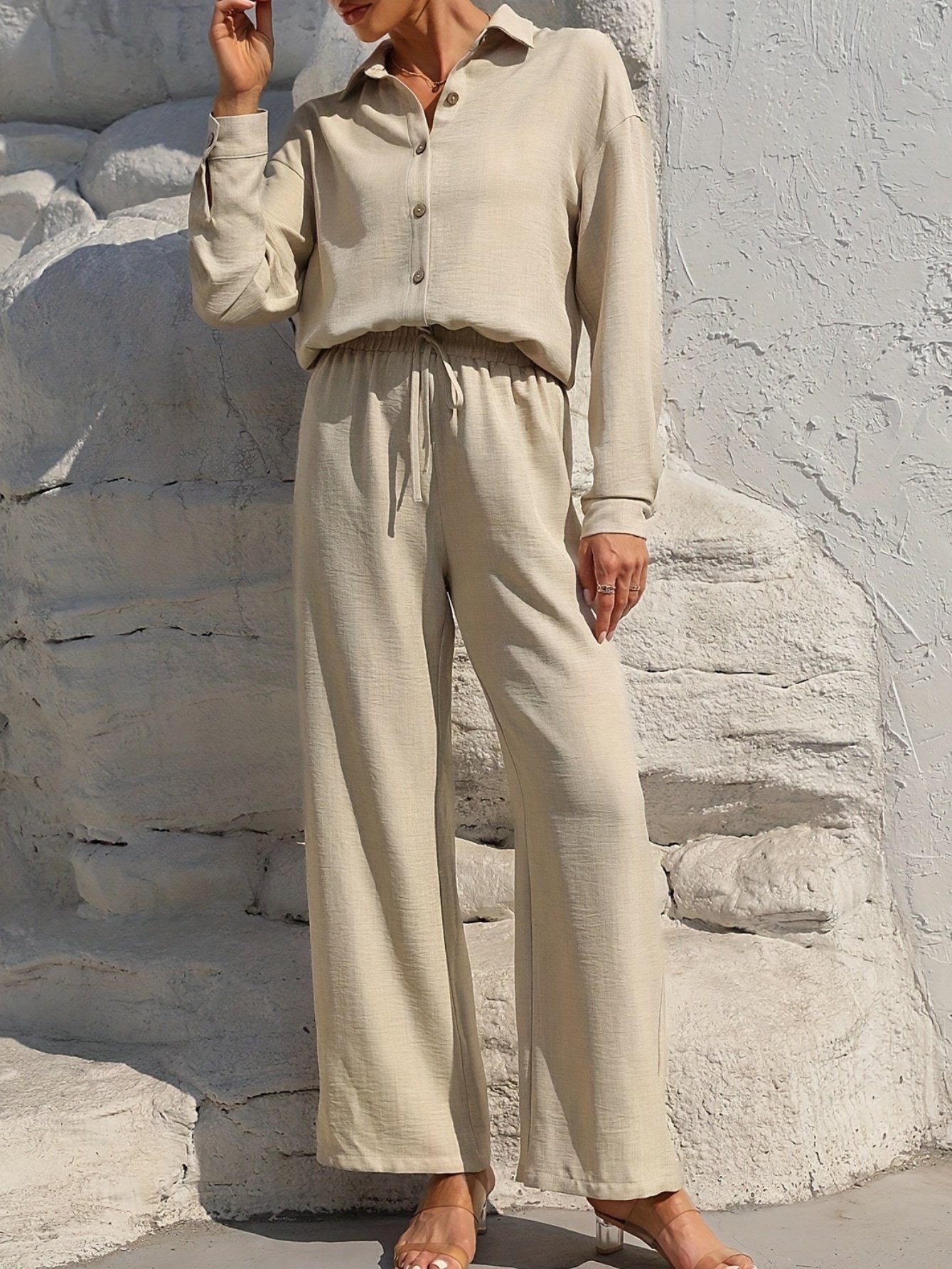 Women Plain Split Joint Two-Piece Set Daily Long Sleeve Casual Spring/Fall Top With Pants Matching Set