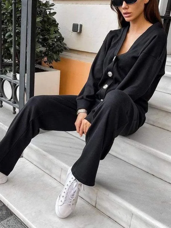 Women Plain Split Joint Two-Piece Set Daily Long Sleeve Casual Spring/Fall Top With Pants Matching Set