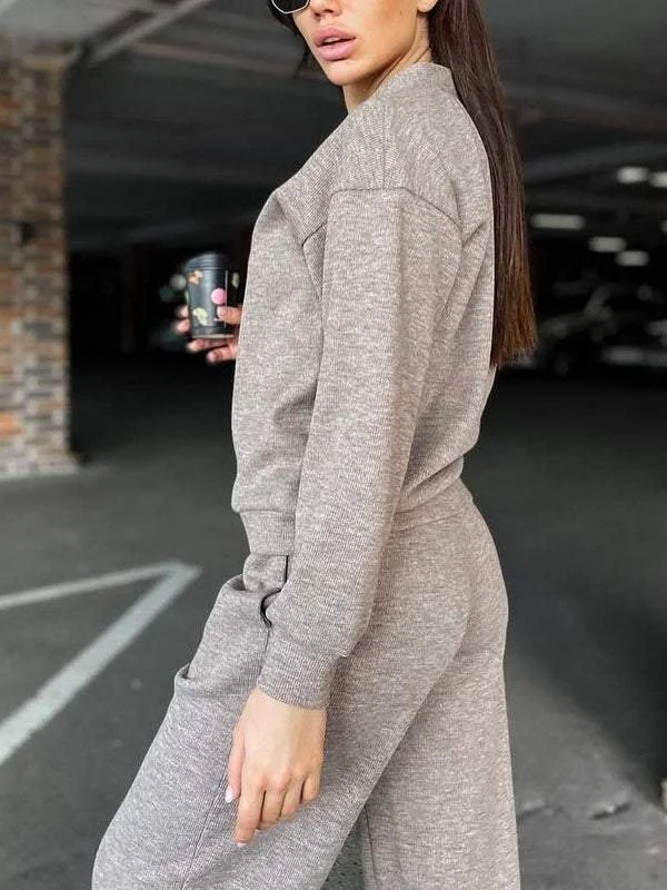 Women Plain Split Joint Two-Piece Set Daily Long Sleeve Casual Spring/Fall Top With Pants Matching Set