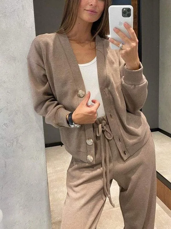 Women Plain Split Joint Two-Piece Set Daily Long Sleeve Casual Spring/Fall Top With Pants Matching Set