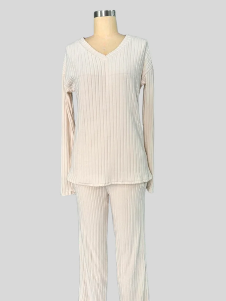 Women Plain Embossed Two-Piece Set Daily Long Sleeve Casual Spring/Fall Top With Pants Matching Set