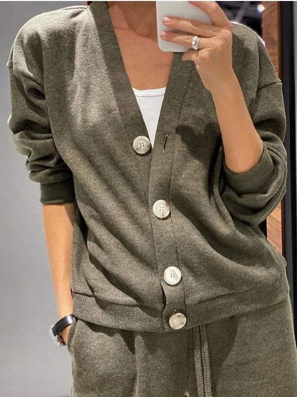 Women Plain Split Joint Two-Piece Set Daily Long Sleeve Casual Spring/Fall Top With Pants Matching Set