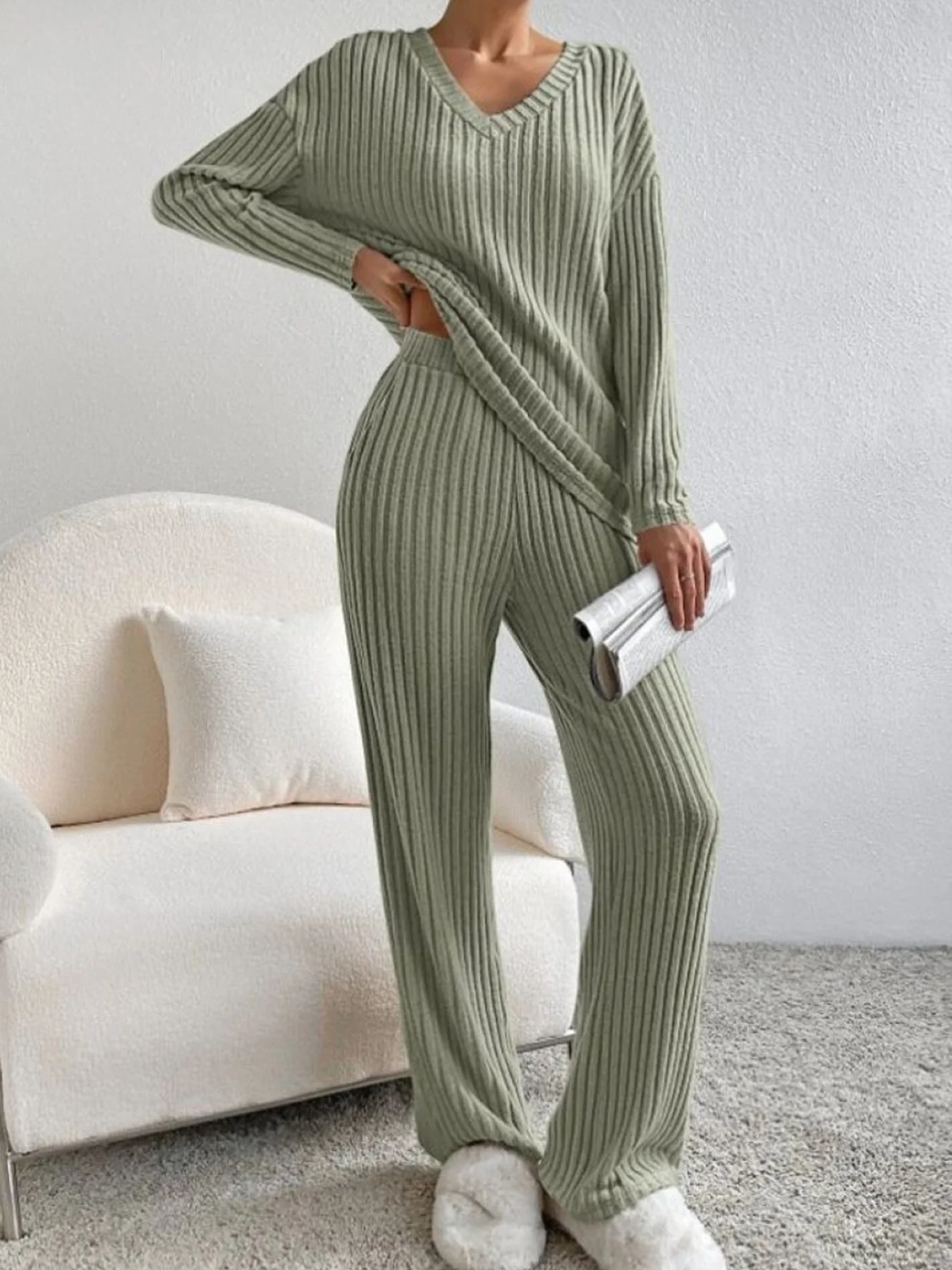 Women Plain Embossed Two-Piece Set Daily Long Sleeve Casual Spring/Fall Top With Pants Matching Set