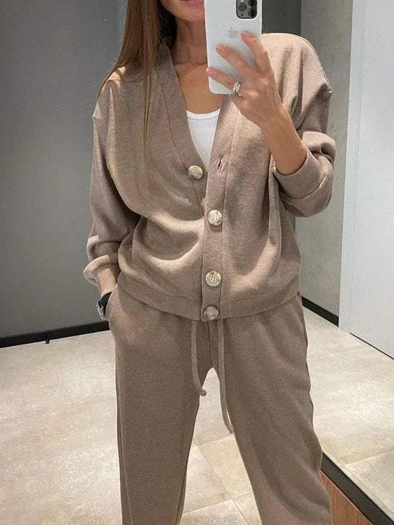 Women Plain Split Joint Two-Piece Set Daily Long Sleeve Casual Spring/Fall Top With Pants Matching Set