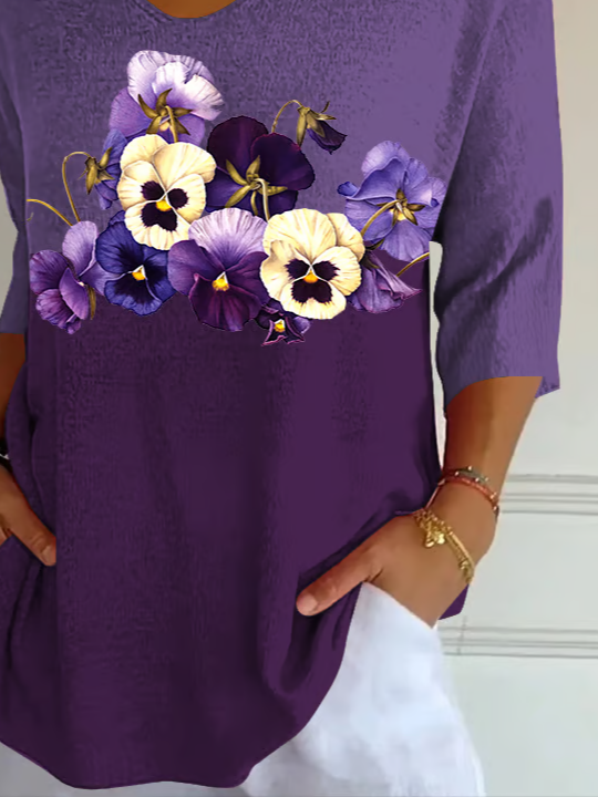 Casual Floral V Neck Three Quarter Sleeve T-shirt