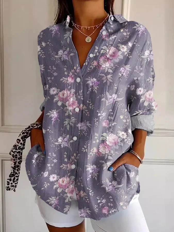 Shirt Collar Regular Sleeve Long Sleeve Floral Buckle Regular Loose Button Up Shirt Shirt For Women