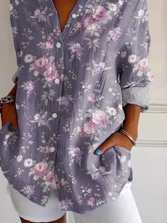 Shirt Collar Regular Sleeve Long Sleeve Floral Buckle Regular Loose Button Up Shirt Shirt For Women