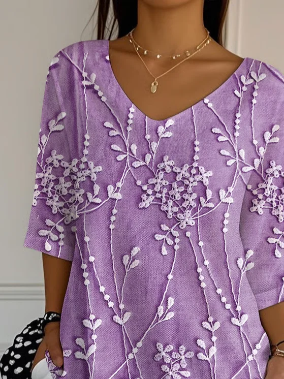 Casual 3D Floral Print V Neck 3/4 Length Sleeve T-shirt