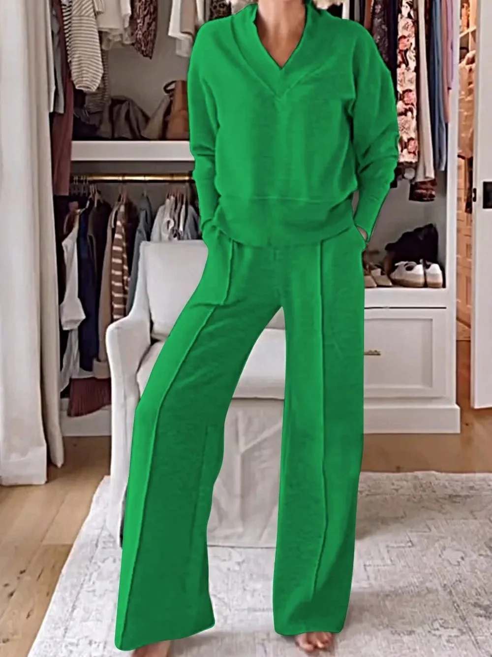 Women Plain Split Joint Two-Piece Set Daily Long Sleeve Casual Spring/Fall Top With Pants Matching Set