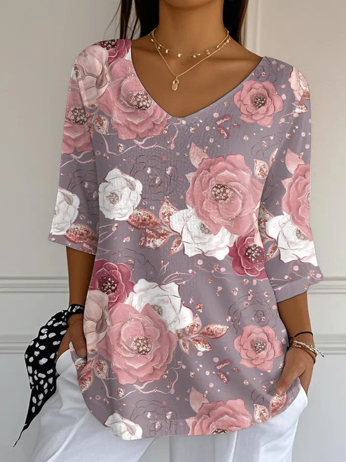 Casual Floral V Neck Three Quarter Sleeve T-shirt
