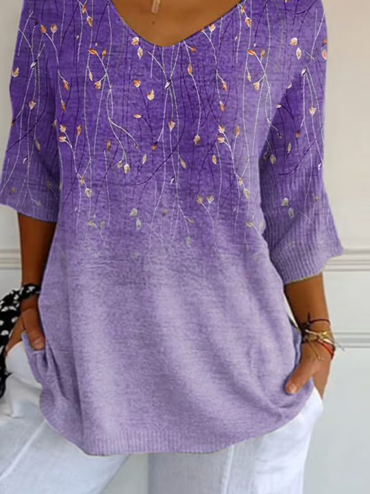 Casual Floral V Neck Three Quarter Sleeve T-shirt