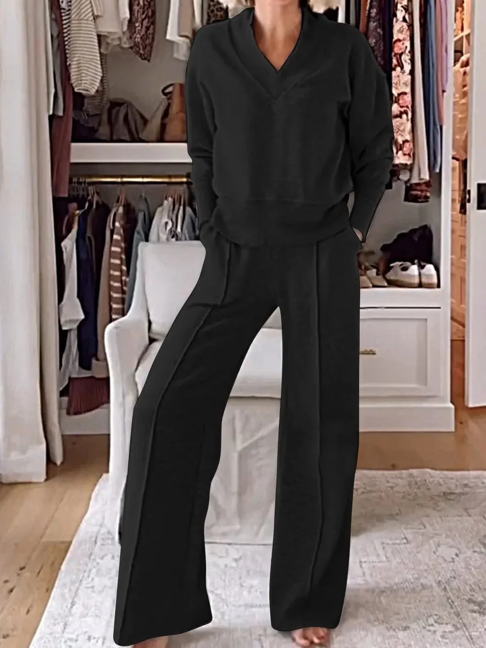 Women Plain Split Joint Two-Piece Set Daily Long Sleeve Casual Spring/Fall Top With Pants Matching Set