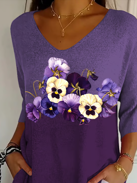 Casual Floral V Neck Three Quarter Sleeve T-shirt