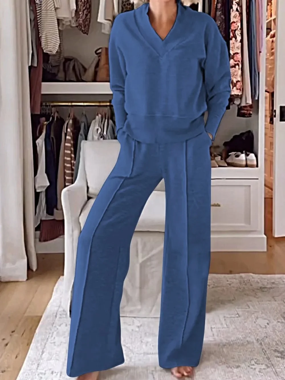 Women Plain Split Joint Two-Piece Set Daily Long Sleeve Casual Spring/Fall Top With Pants Matching Set