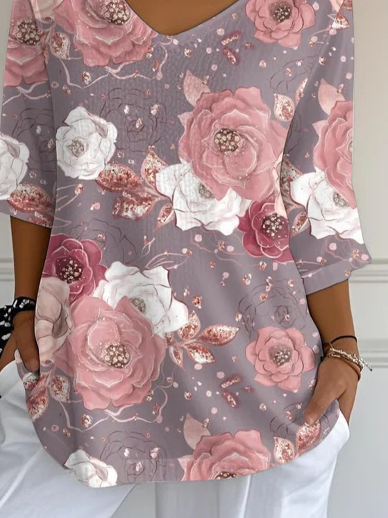 Casual Floral V Neck Three Quarter Sleeve T-shirt