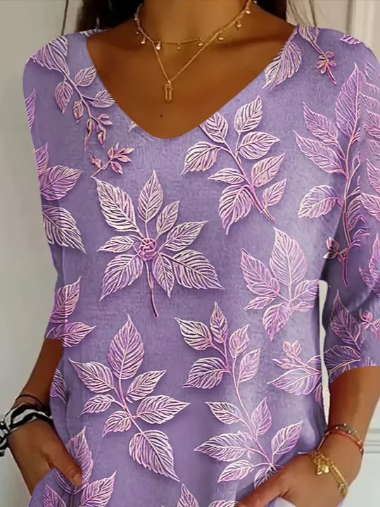 Casual Floral V Neck Three Quarter Sleeve T-shirt