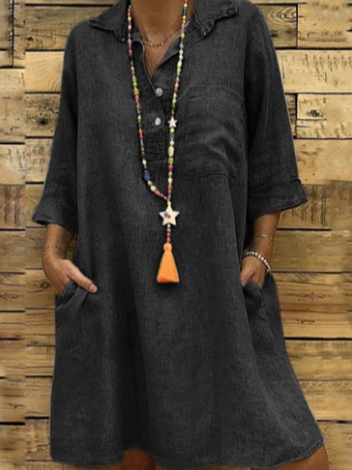 Women Plain All Season Dress Shirt Collar Three Quarter Sleeve Shirt Dress H-Line Dress