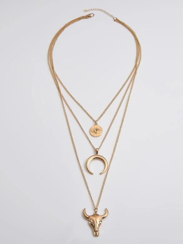 Electroplating Fashion Simple Alloy Bull Head Geometric Disc Eyes Horn Multi-layer Necklace