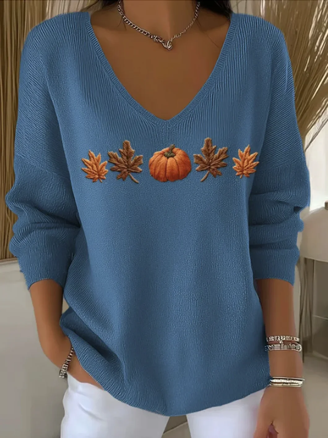Women Cotton Maple Leaf Pumpkin Print Long Sleeve Comfy Casual Sweater