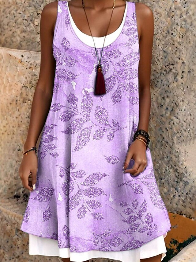 Women Floral Summer Dress Crew Neck Sleeveless A-Line Dress