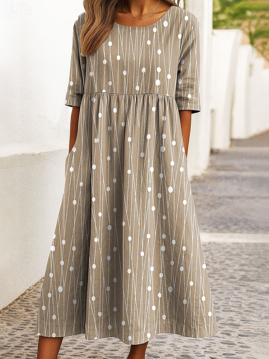 Women Striped Summer Dress Crew Neck Half Sleeve A-Line Dress