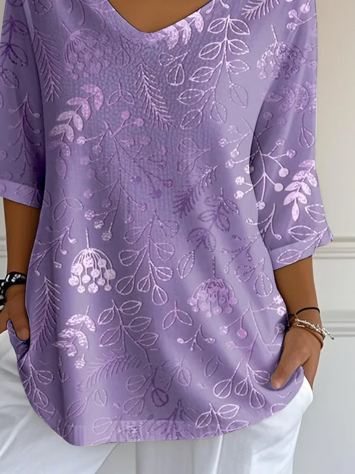 Casual Floral V Neck Three Quarter Sleeve T-shirt