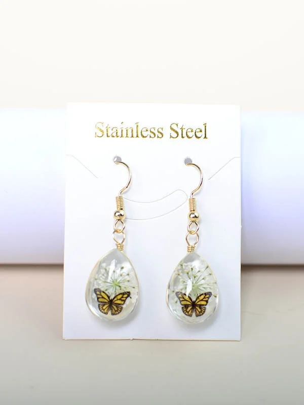 Butterfly Time Gem Dried Flower Gypsophila Lace Flower Pastoral Style Glass Earrings