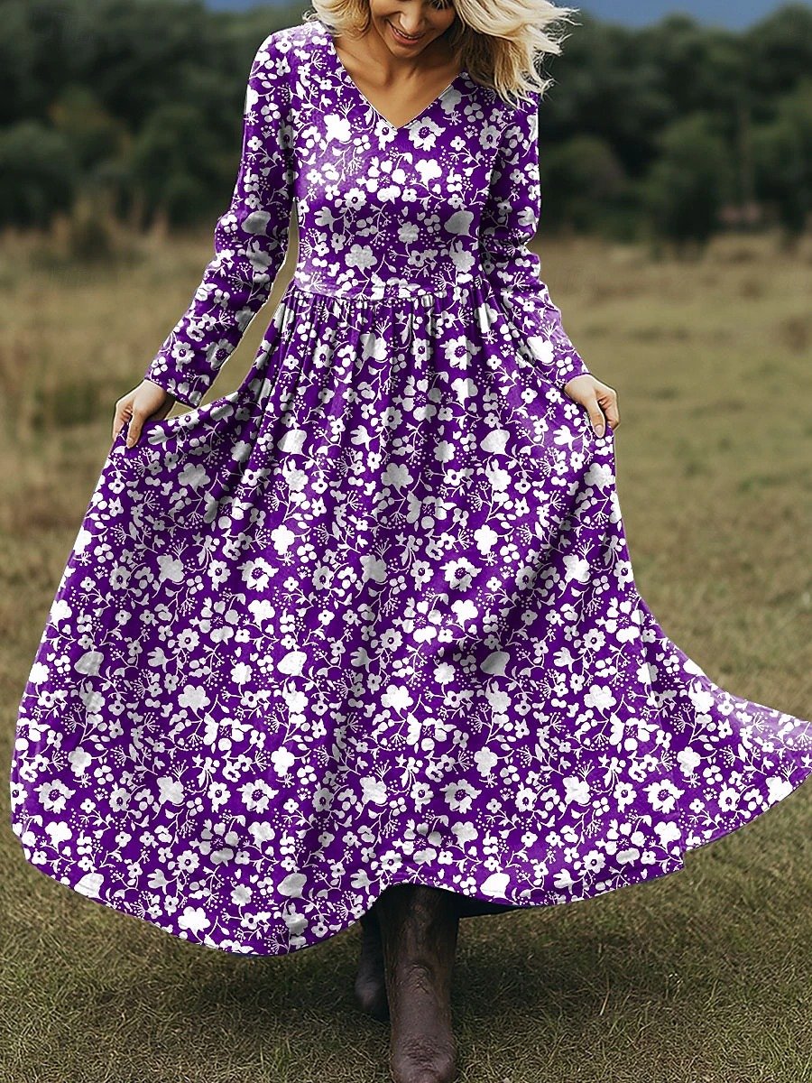 Women Floral Spring/Fall Dress V Neck Long Sleeve A-Line Dress