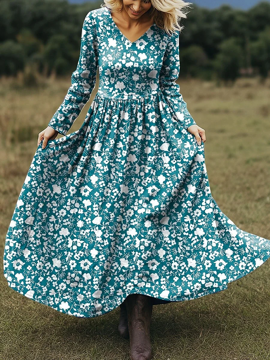 Women Floral Spring/Fall Dress V Neck Long Sleeve A-Line Dress