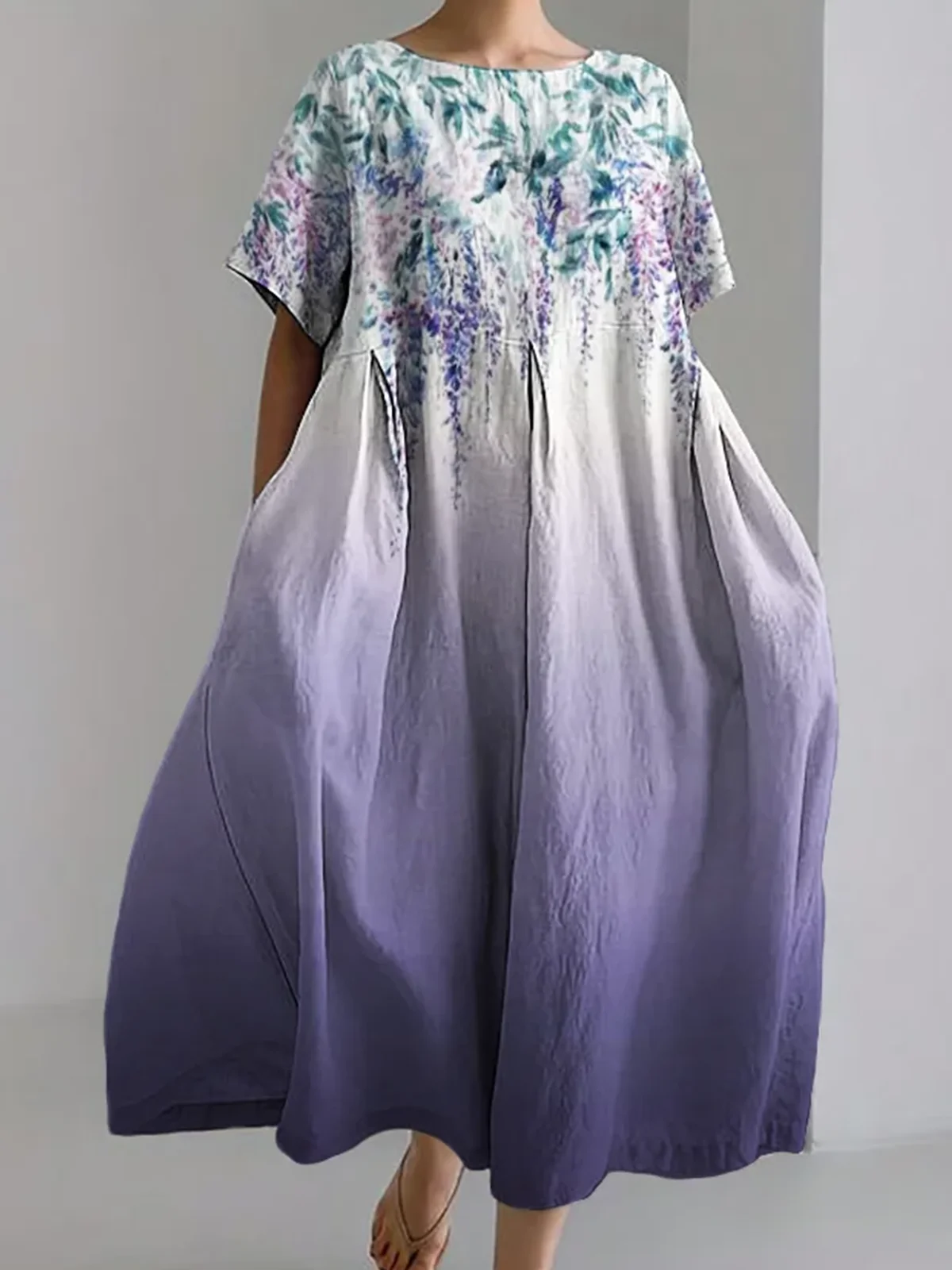 Women Floral Summer Dress Crew Neck Short Sleeve A-Line Dress