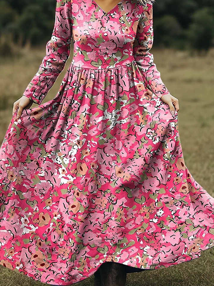 Women Floral Spring/Fall Dress V Neck Long Sleeve A-Line Dress