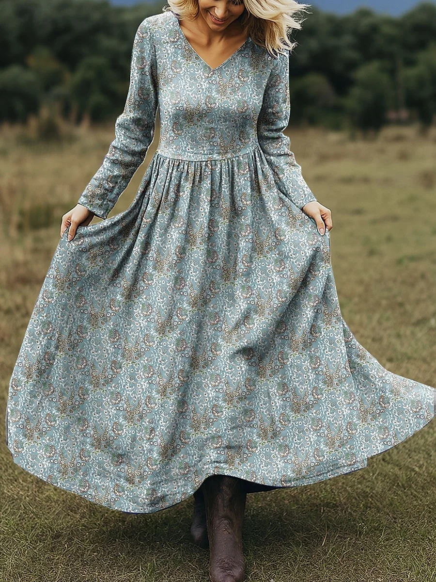 Women Floral Spring/Fall Dress V Neck Long Sleeve A-Line Dress
