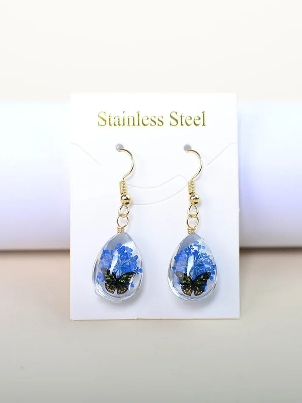 Butterfly Time Gem Dried Flower Gypsophila Lace Flower Pastoral Style Glass Earrings