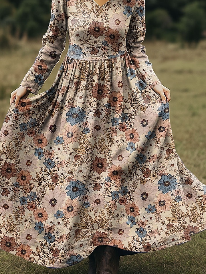 Women Floral Spring/Fall Dress V Neck Long Sleeve A-Line Dress