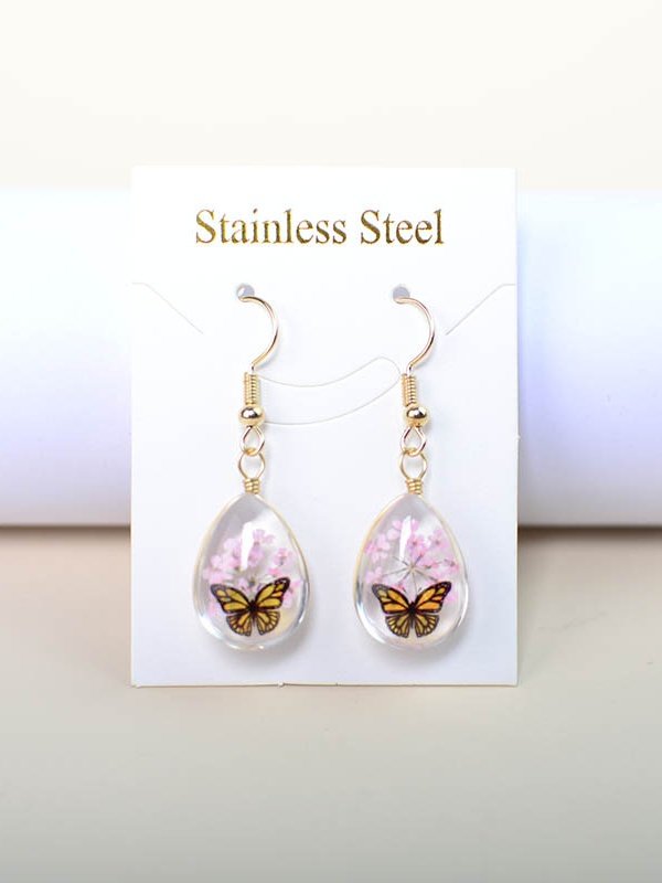 Butterfly Time Gem Dried Flower Gypsophila Lace Flower Pastoral Style Glass Earrings