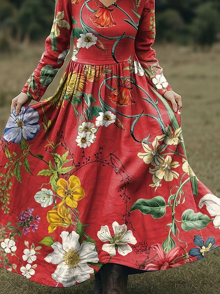 Women Floral Spring/Fall Dress V Neck Long Sleeve A-Line Dress