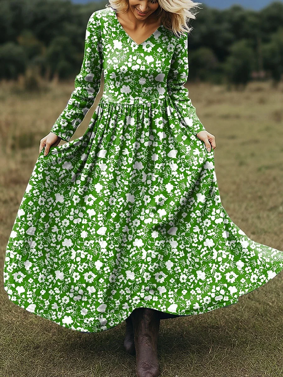 Women Floral Spring/Fall Dress V Neck Long Sleeve A-Line Dress