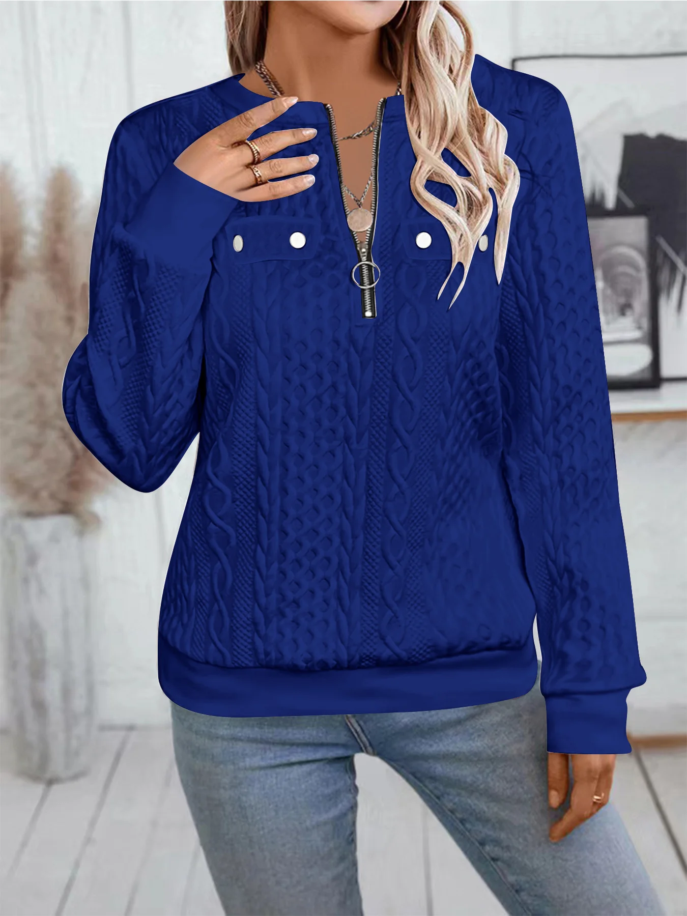 Casual V Neck Plain Sweatshirt