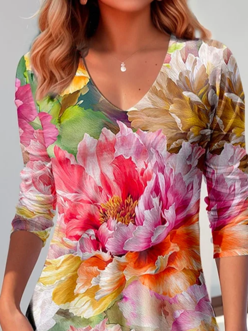 Casual Floral V Neck Long Sleeve T-shirt