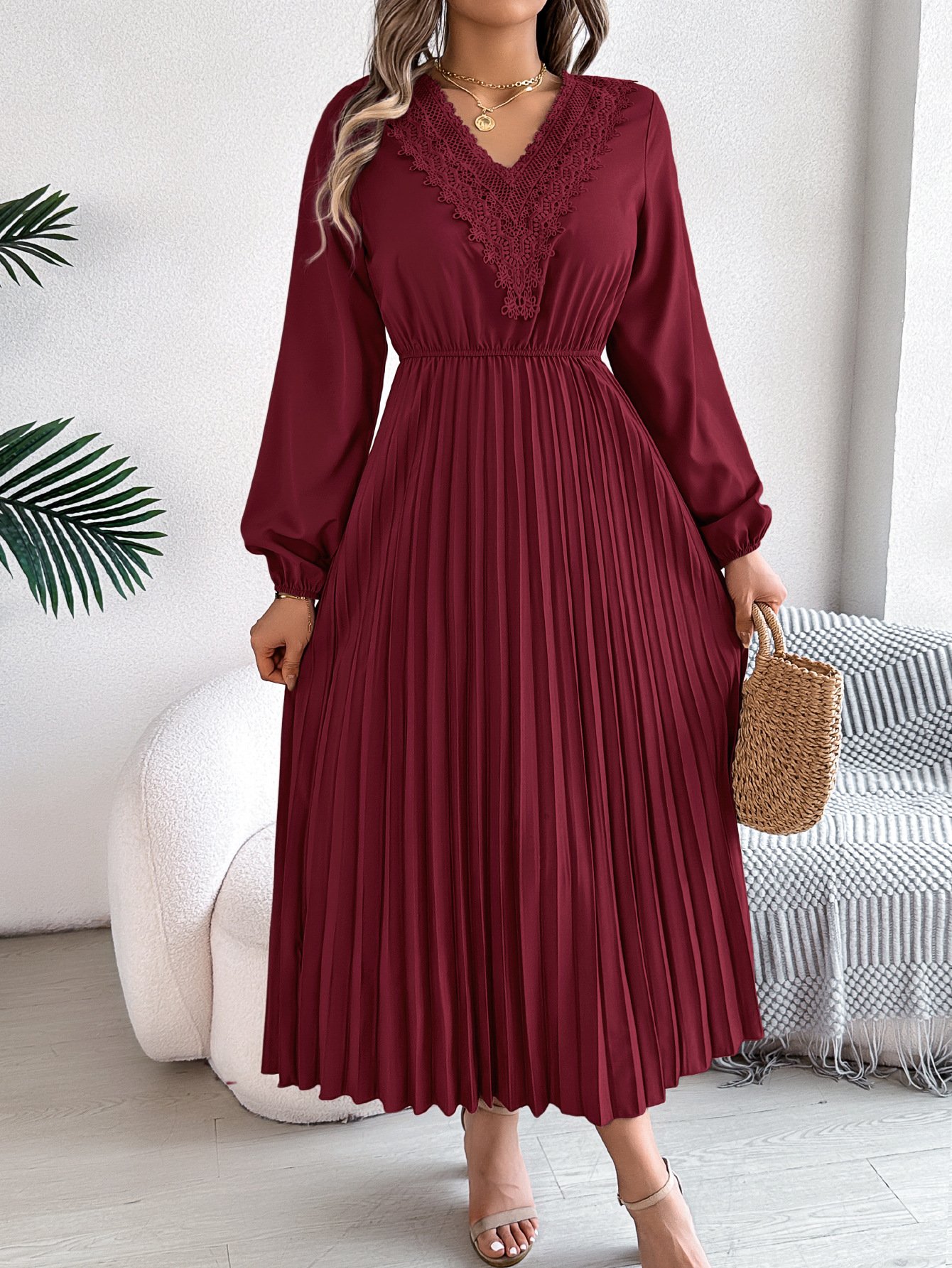 Women Plain Spring/Fall Dress V Neck Long Sleeve A-Line Dress