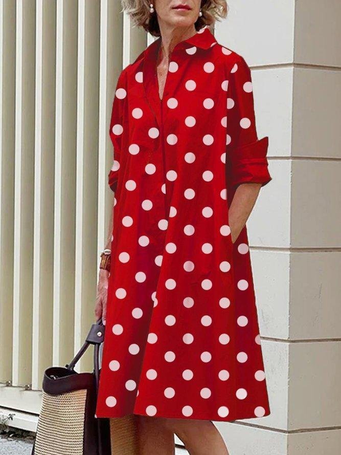 Women Geometric Spring/Fall Dress Shawl Collar Long Sleeve Shirt Dress H-Line Dress