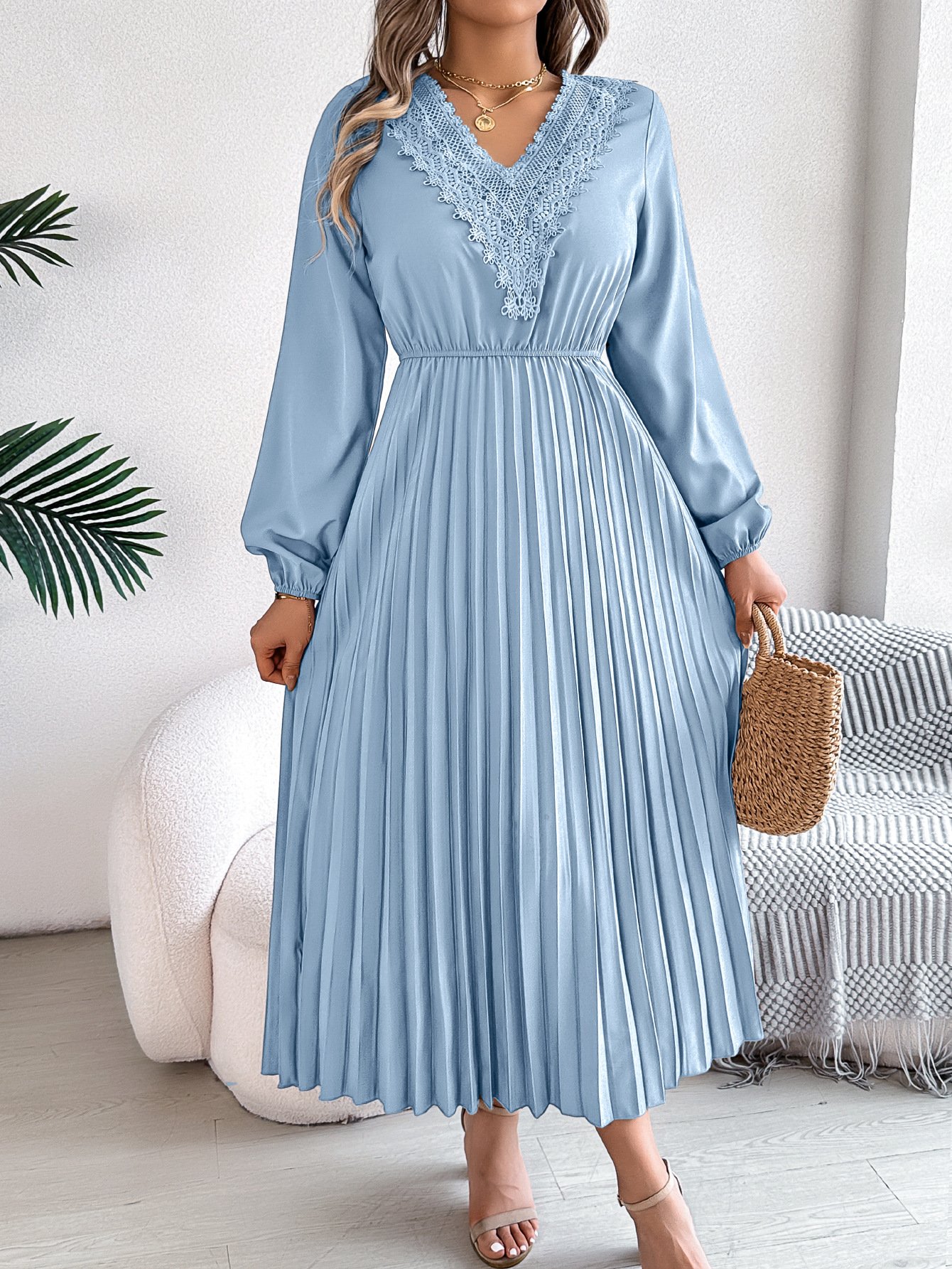 Women Plain Spring/Fall Dress V Neck Long Sleeve A-Line Dress
