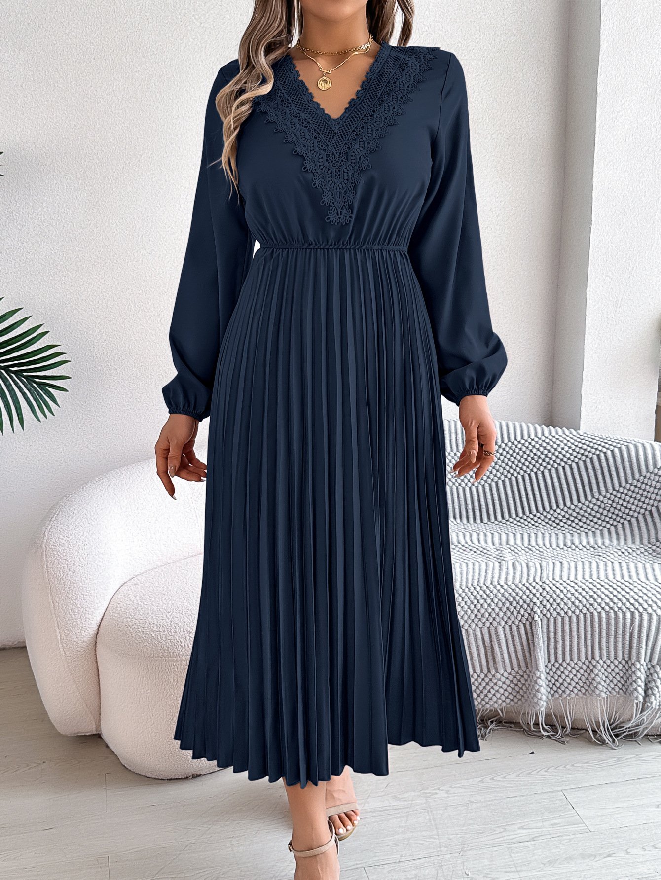 Women Plain Spring/Fall Dress V Neck Long Sleeve A-Line Dress