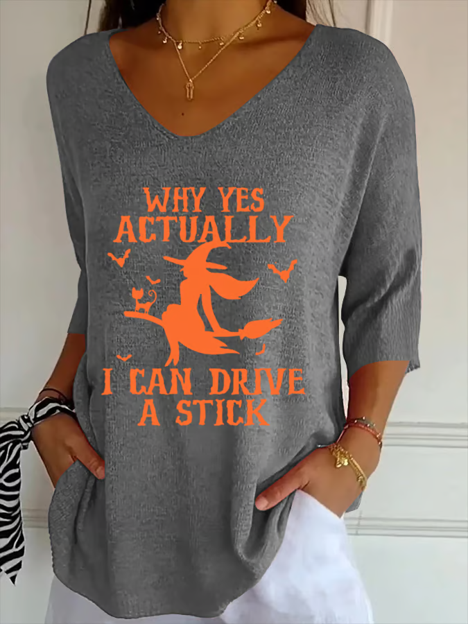 Vintage Halloween Witch Print V Neck Three Quarter Sleeve T-shirt