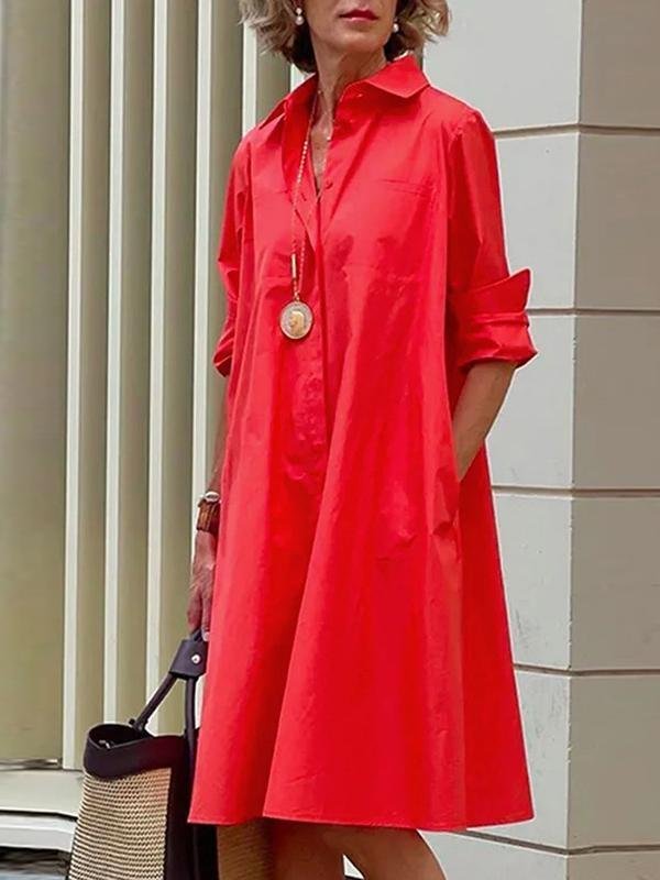 Women Geometric Spring/Fall Dress Shawl Collar Long Sleeve Shirt Dress H-Line Dress