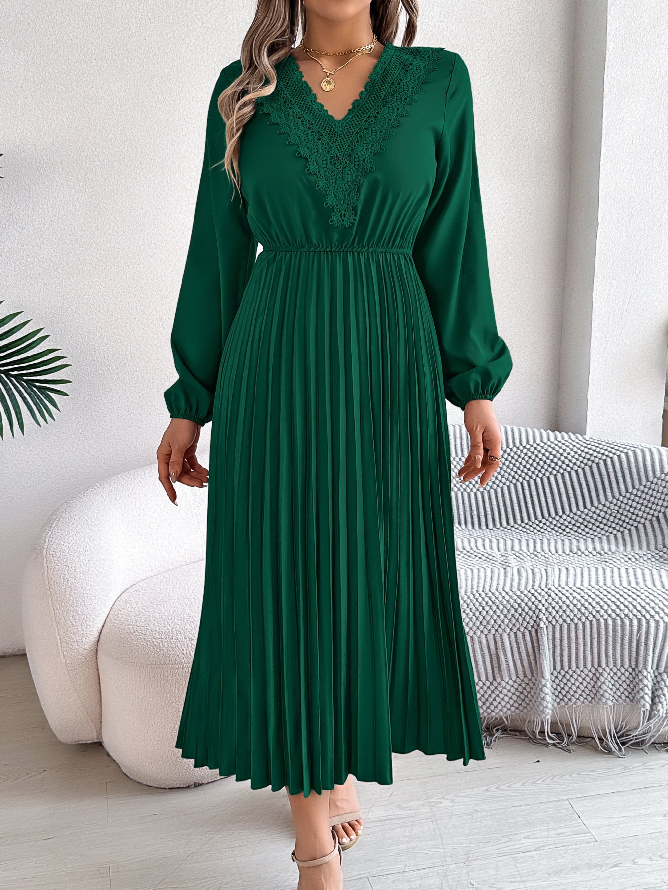 Women Plain Spring/Fall Dress V Neck Long Sleeve A-Line Dress